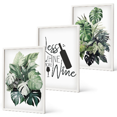 Conjunto de 3 quadros com moldura folhas de planta verde-vinho