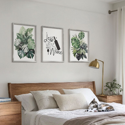 Conjunto de 3 quadros com moldura folhas de planta verde-vinho