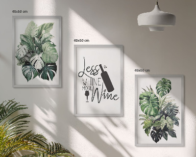 Conjunto de 3 quadros com moldura folhas de planta verde-vinho