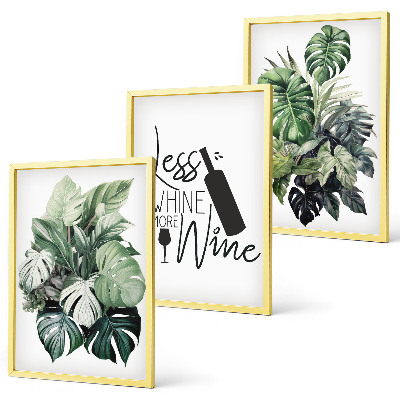 Conjunto de 3 quadros com moldura folhas de planta verde-vinho