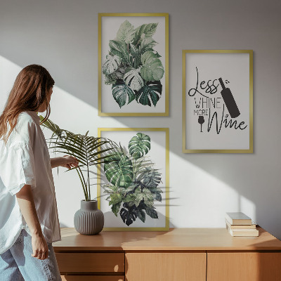 Conjunto de 3 quadros com moldura folhas de planta verde-vinho