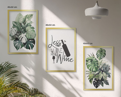 Conjunto de 3 quadros com moldura folhas de planta verde-vinho