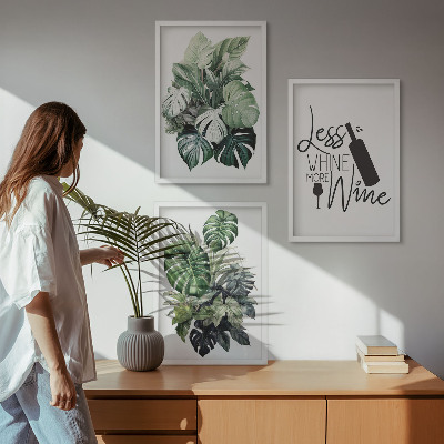 Conjunto de 3 quadros com moldura folhas de planta verde-vinho