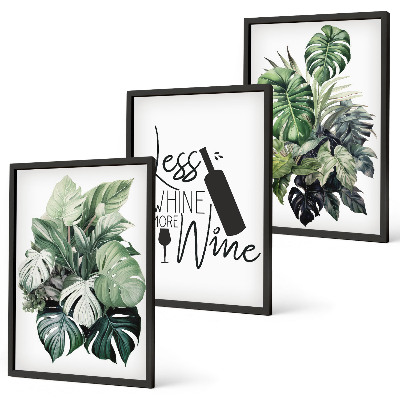 Conjunto de 3 quadros com moldura folhas de planta verde-vinho