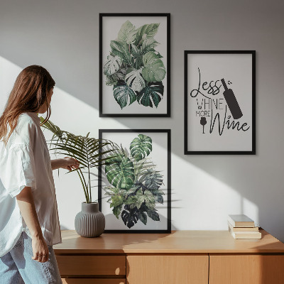 Conjunto de 3 quadros com moldura folhas de planta verde-vinho