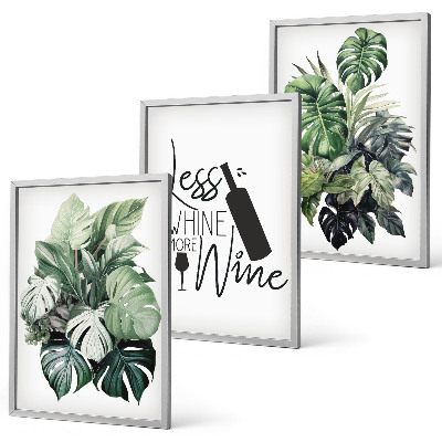 Conjunto de 3 quadros com moldura folhas de planta verde-vinho