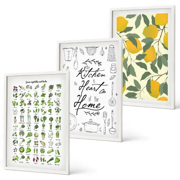 Conjunto de quadros para sala de estar com ilustrações de ervas de cozinha e limão