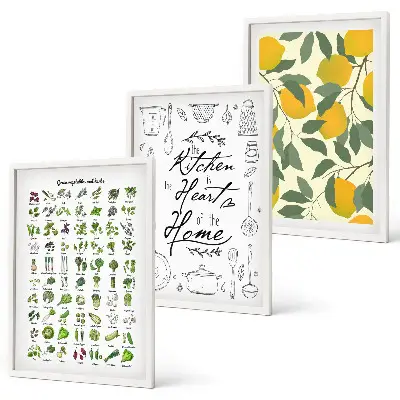 Conjunto de quadros para sala de estar com ilustrações de ervas de cozinha e limão