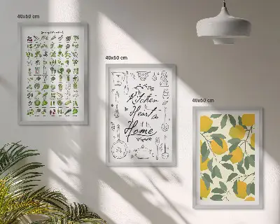 Conjunto de quadros para sala de estar com ilustrações de ervas de cozinha e limão