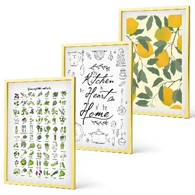 Conjunto de quadros para sala de estar com ilustrações de ervas de cozinha e limão