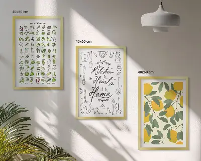 Conjunto de quadros para sala de estar com ilustrações de ervas de cozinha e limão
