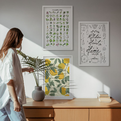 Conjunto de quadros para sala de estar ervas de cozinha pintadas de limão