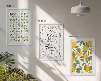 Conjunto de quadros para sala de estar com ilustrações de ervas de cozinha e limão