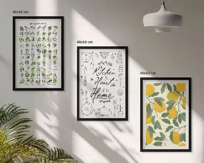 Conjunto de quadros para sala de estar com ilustrações de ervas de cozinha e limão
