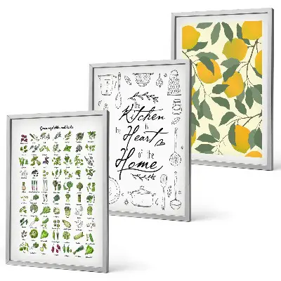 Conjunto de quadros para sala de estar com ilustrações de ervas de cozinha e limão