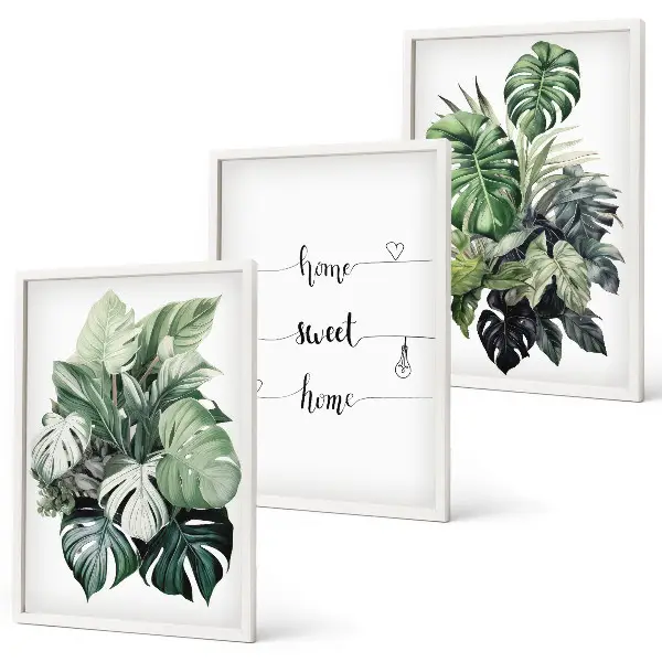 Conjunto de 3 quadros com moldura estampa de folhas de monstera em aquarela