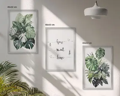 Conjunto de 3 quadros com moldura estampa de folhas de monstera em aquarela