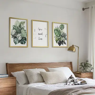 Conjunto de 3 quadros com moldura estampa de folhas de monstera em aquarela