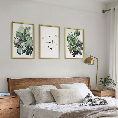 Conjunto de 3 quadros com moldura Folhas de Monstera em aquarela