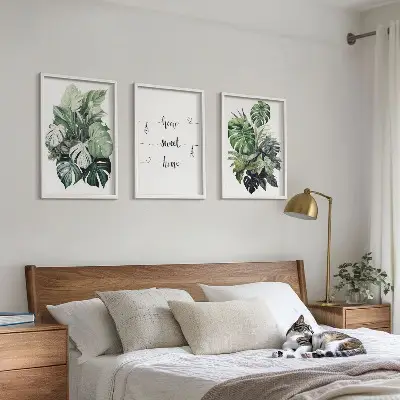 Conjunto de 3 quadros com moldura estampa de folhas de monstera em aquarela