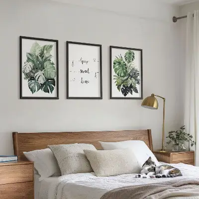 Conjunto de 3 quadros com moldura estampa de folhas de monstera em aquarela