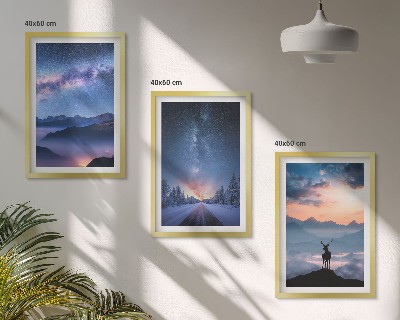 Composição de quadros moderna céu noturno montanhas nevoeiro veado