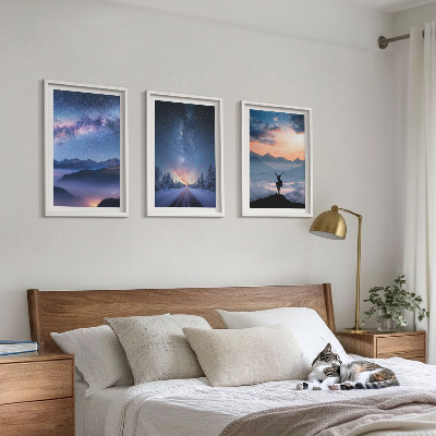 Composição de quadros moderna céu noturno montanhas nevoeiro veado