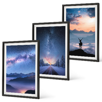 Composição de quadros moderna céu noturno montanhas nevoeiro veado