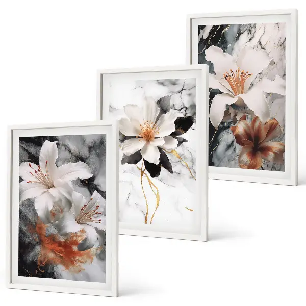 Conjunto de 3 quadros com moldura flores em mármore branco e preto