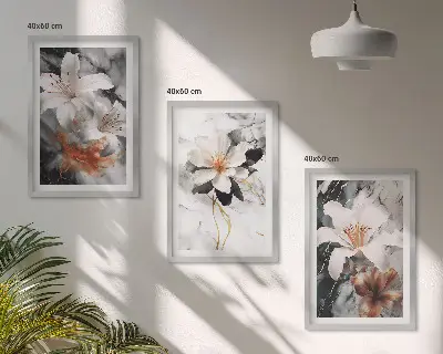 Conjunto de 3 quadros com moldura flores em mármore branco e preto