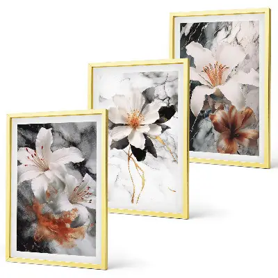 Conjunto de 3 quadros com moldura flores em mármore branco e preto