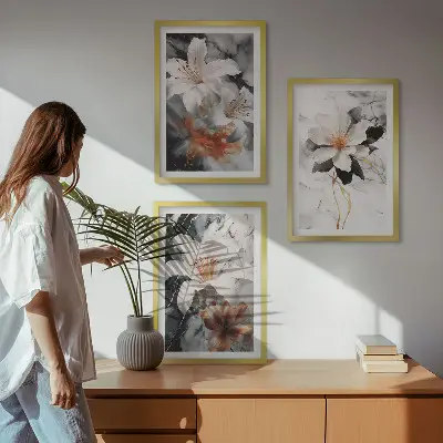 Conjunto de 3 quadros com moldura flores em mármore branco e preto
