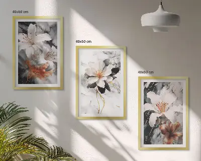 Conjunto de 3 quadros com moldura flores em mármore branco e preto