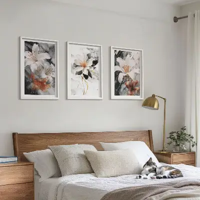 Conjunto de 3 quadros com moldura flores em mármore branco e preto