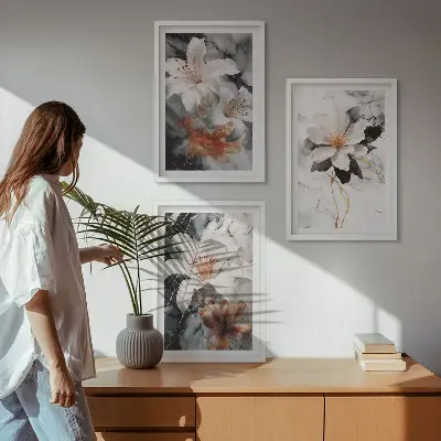 Conjunto de 3 quadros com moldura flores em mármore branco e preto