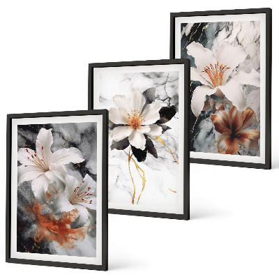 Conjunto de 3 quadros com moldura Flores mármore branco preto