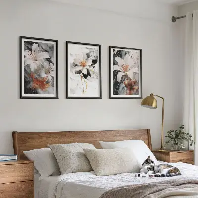 Conjunto de 3 quadros com moldura flores em mármore branco e preto
