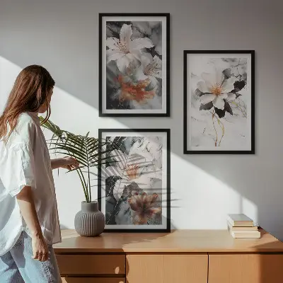 Conjunto de 3 quadros com moldura flores em mármore branco e preto
