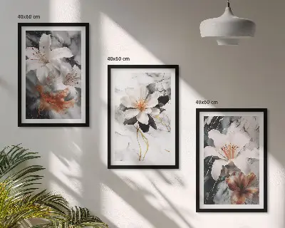 Conjunto de 3 quadros com moldura flores em mármore branco e preto