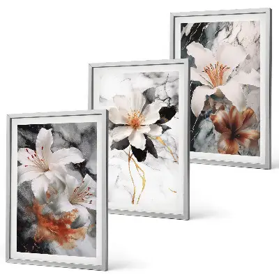 Conjunto de 3 quadros com moldura flores em mármore branco e preto