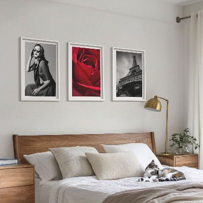 Conjunto de quadros para sala de estar Senhora parisiense com óculos em formato de Torre Eiffel