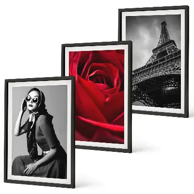 Conjunto de quadros para sala de estar com estampa de senhora parisiense usando óculos em formato de Torre Eiffel