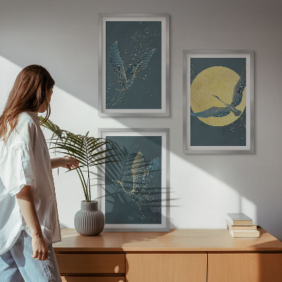 Conjunto de 3 quadros com moldura Garças em voo à noite