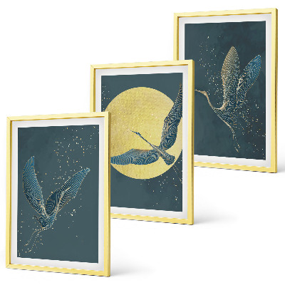 Conjunto de 3 quadros com moldura Garças em voo à noite