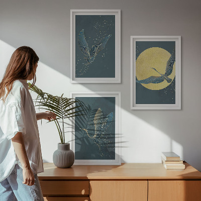 Conjunto de 3 quadros com moldura Garças em voo à noite