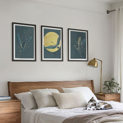 Conjunto de 3 quadros com moldura Garças em voo à noite