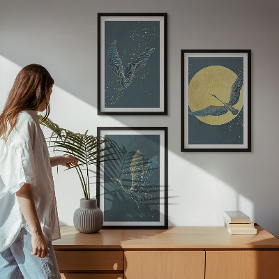 Conjunto de 3 quadros com moldura Garças em voo à noite