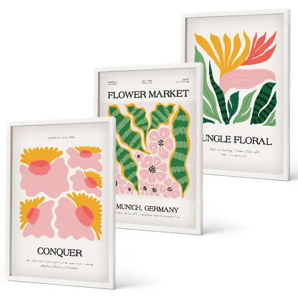 Conjunto de quadros para sala de estar com estampas modernas de flores e folhas