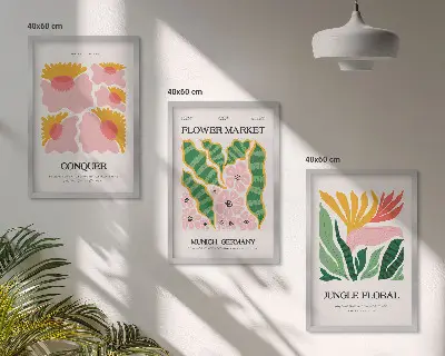 Conjunto de quadros para sala de estar com estampas modernas de flores e folhas