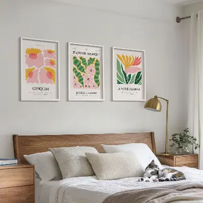 Conjunto de quadros para sala de estar com estampas modernas de flores e folhas